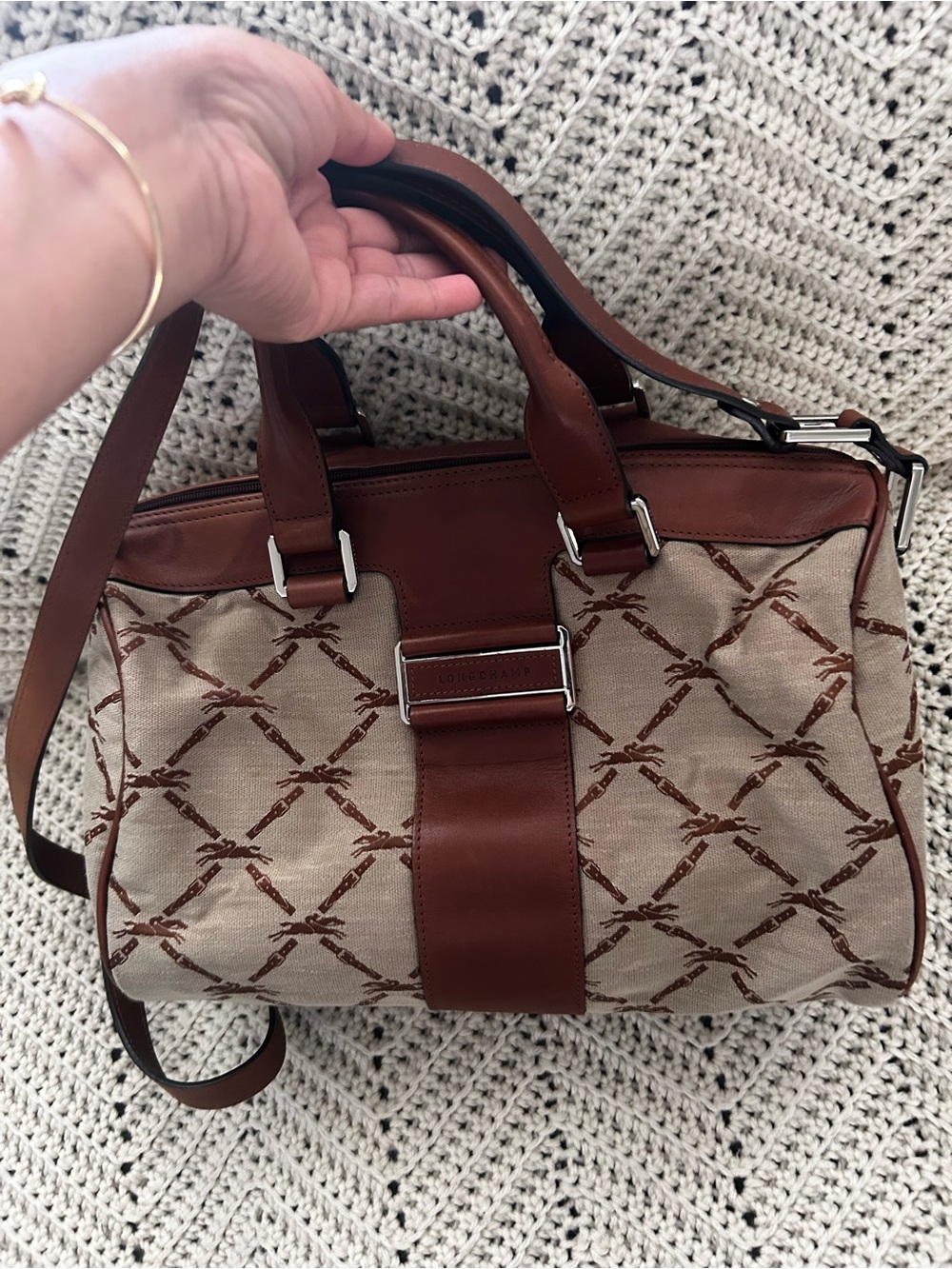 Longchamp Beige & Brown Monogram Top-Handle Satchel - Picture 7 of 11